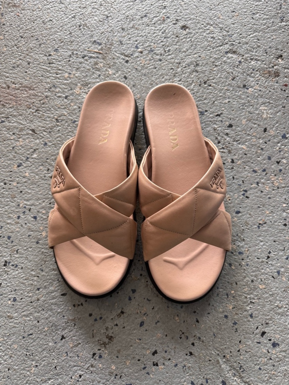 Prada Women's Nude Pink Quilted Crossover Slide Mules